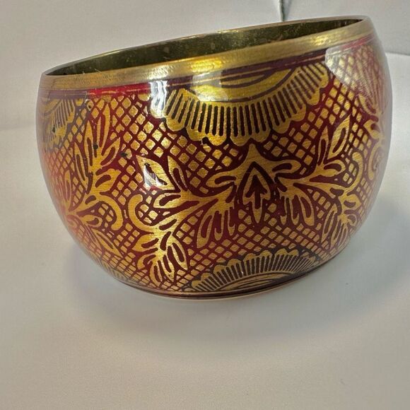 Red and gold tone wide brass  bangle bracelet - Picture 6 of 11